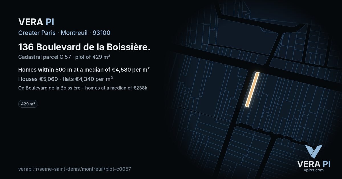136 Boulevard de la Boissière, Montreuil at night – the plot lit, the parcels around coloured by the prices near them