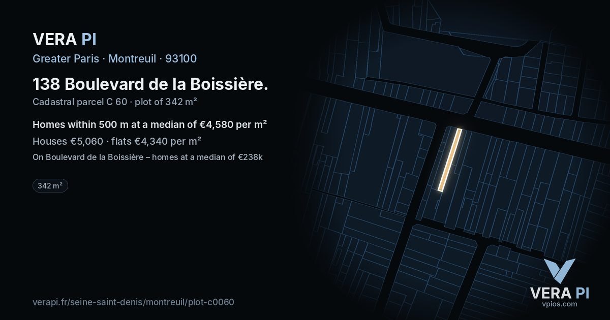 138 Boulevard de la Boissière, Montreuil at night – the plot lit, the parcels around coloured by the prices near them