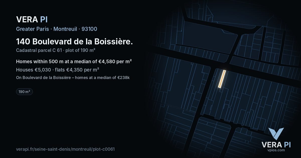 140 Boulevard de la Boissière, Montreuil at night – the plot lit, the parcels around coloured by the prices near them