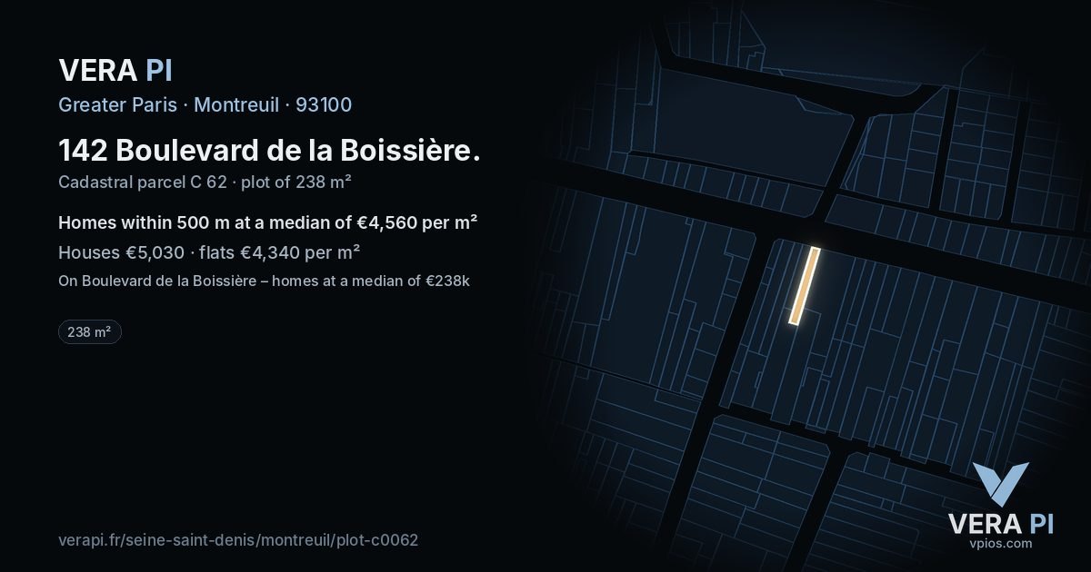 142 Boulevard de la Boissière, Montreuil at night – the plot lit, the parcels around coloured by the prices near them