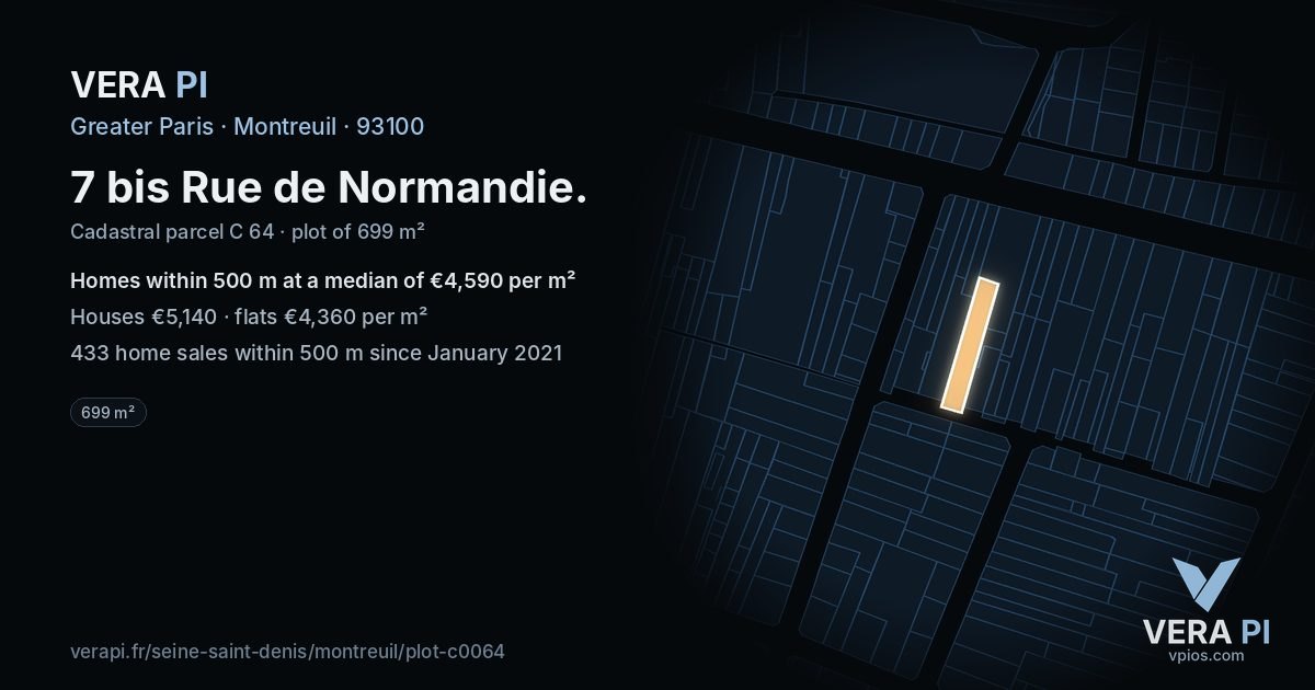 7 bis Rue de Normandie, Montreuil at night – the plot lit, the parcels around coloured by the prices near them