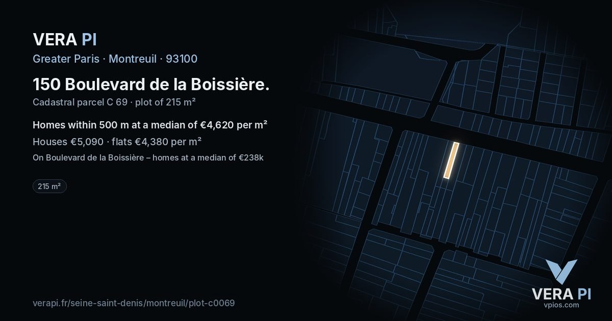 150 Boulevard de la Boissière, Montreuil at night – the plot lit, the parcels around coloured by the prices near them