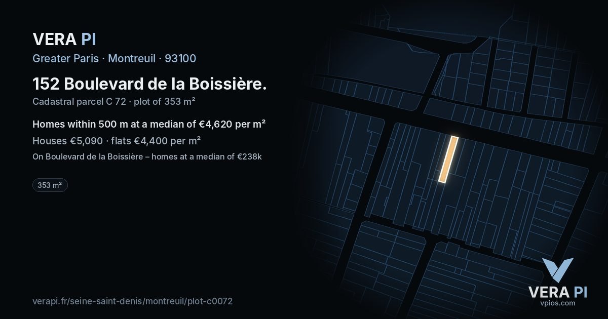 152 Boulevard de la Boissière, Montreuil at night – the plot lit, the parcels around coloured by the prices near them