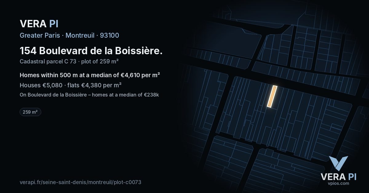 154 Boulevard de la Boissière, Montreuil at night – the plot lit, the parcels around coloured by the prices near them