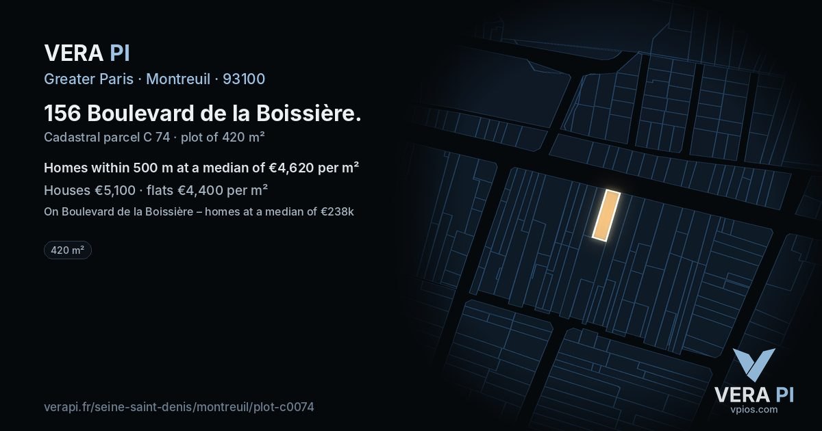 156 Boulevard de la Boissière, Montreuil at night – the plot lit, the parcels around coloured by the prices near them