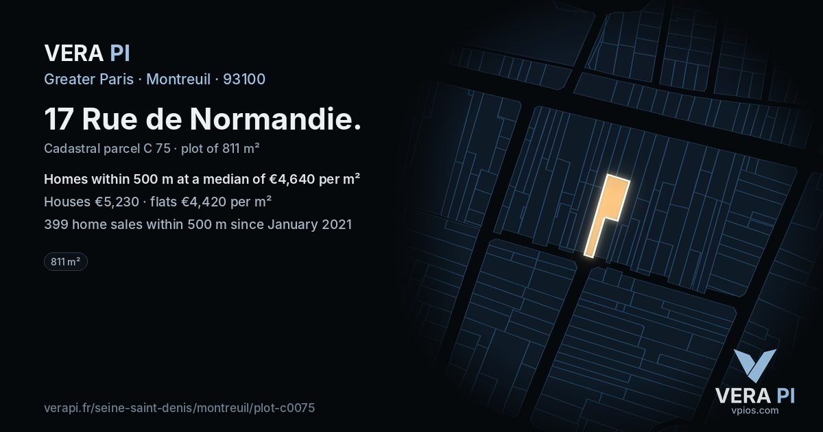 17 Rue de Normandie, Montreuil at night – the plot lit, the parcels around coloured by the prices near them