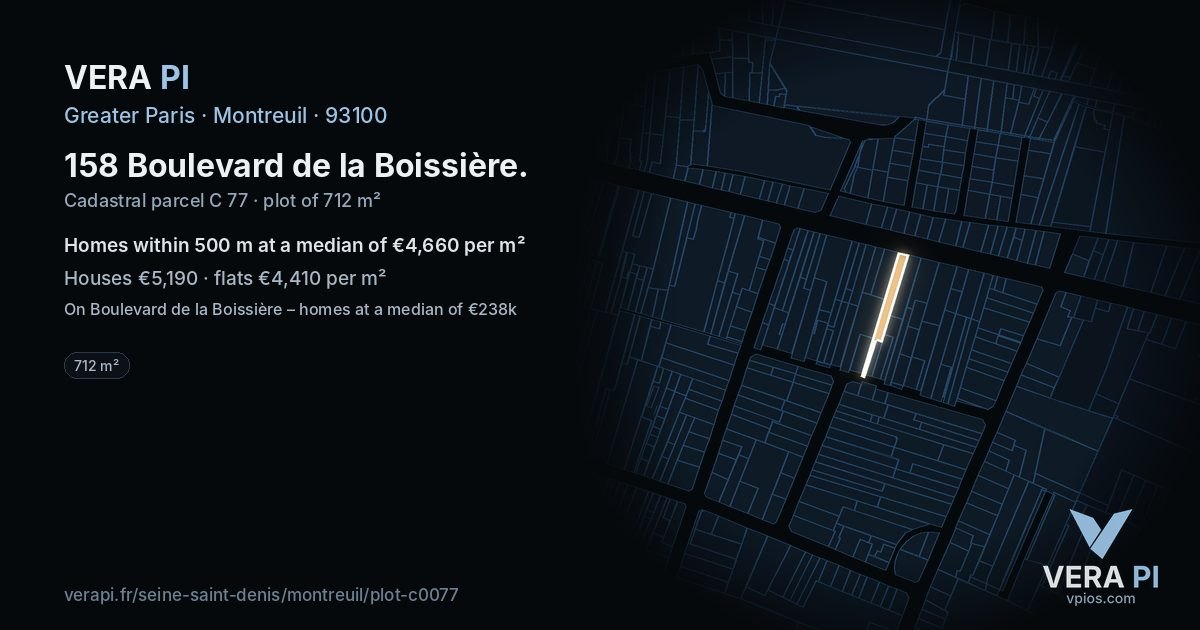 158 Boulevard de la Boissière, Montreuil at night – the plot lit, the parcels around coloured by the prices near them