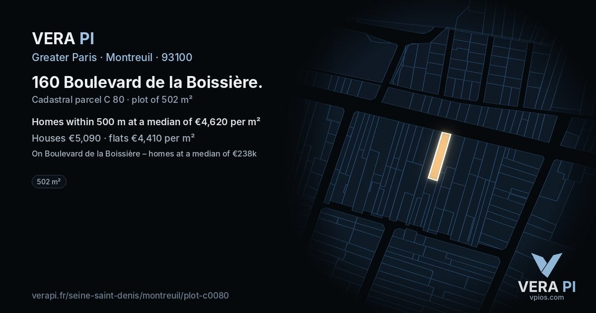 160 Boulevard de la Boissière, Montreuil at night – the plot lit, the parcels around coloured by the prices near them