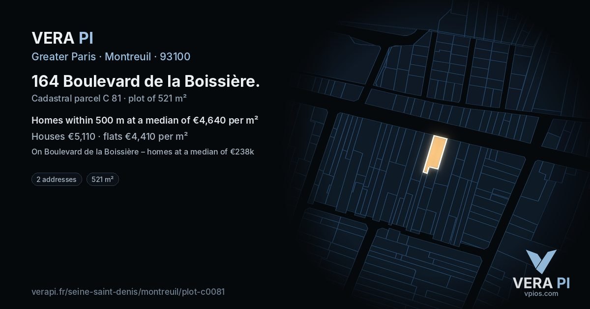 164 Boulevard de la Boissière, Montreuil at night – the plot lit, the parcels around coloured by the prices near them