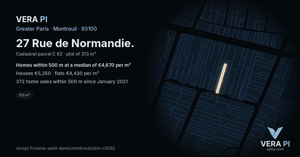 27 Rue de Normandie, Montreuil at night – the plot lit, the parcels around coloured by the prices near them