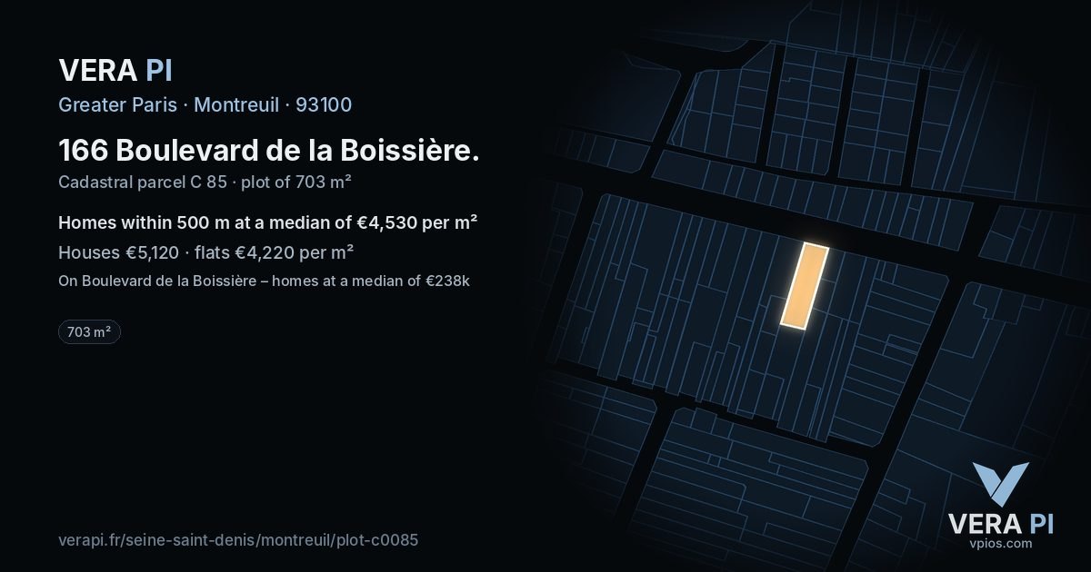 166 Boulevard de la Boissière, Montreuil at night – the plot lit, the parcels around coloured by the prices near them