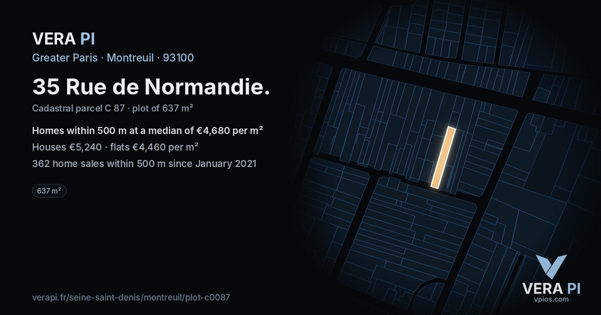 35 Rue de Normandie, Montreuil at night – the plot lit, the parcels around coloured by the prices near them