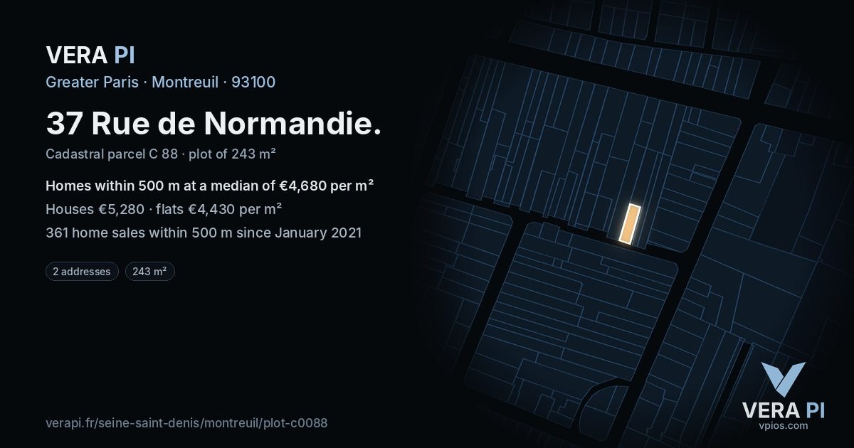 37 Rue de Normandie, Montreuil at night – the plot lit, the parcels around coloured by the prices near them