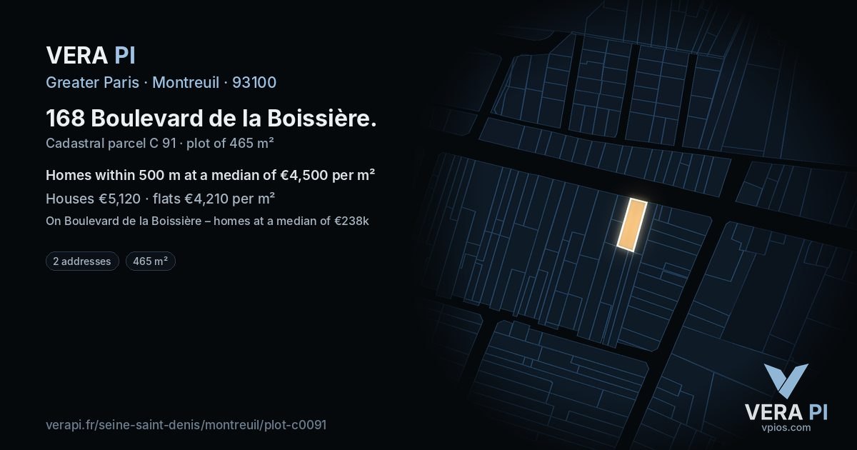 168 Boulevard de la Boissière, Montreuil at night – the plot lit, the parcels around coloured by the prices near them