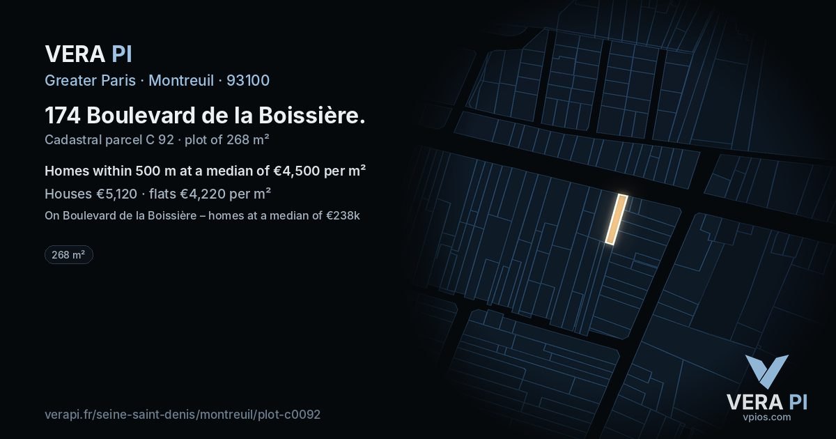 174 Boulevard de la Boissière, Montreuil at night – the plot lit, the parcels around coloured by the prices near them