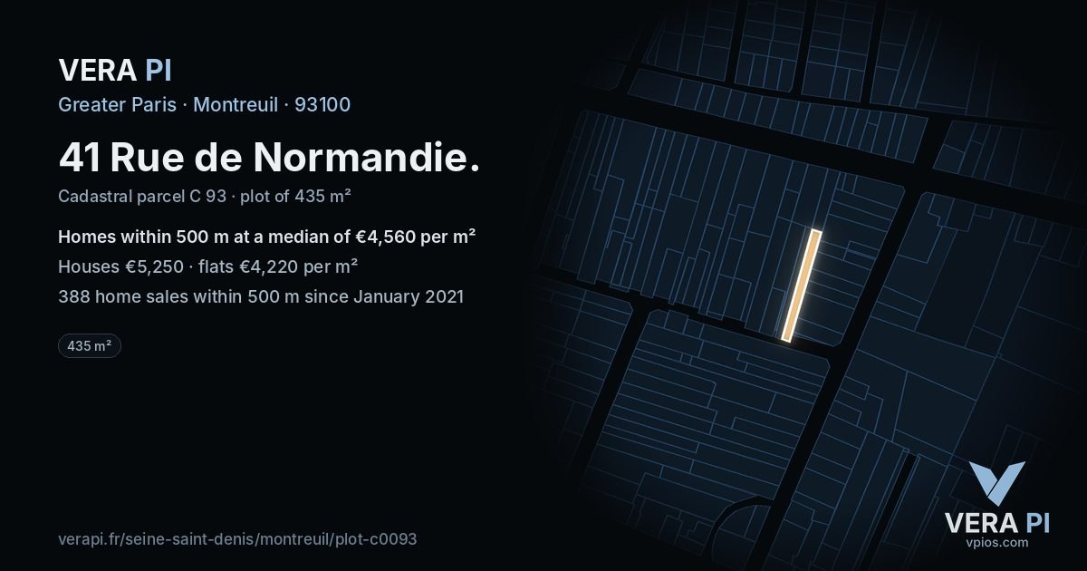 41 Rue de Normandie, Montreuil at night – the plot lit, the parcels around coloured by the prices near them