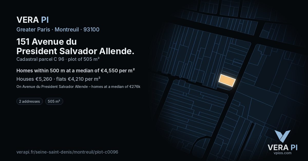 151 Avenue du President Salvador Allende, Montreuil at night – the plot lit, the parcels around coloured by the prices near them