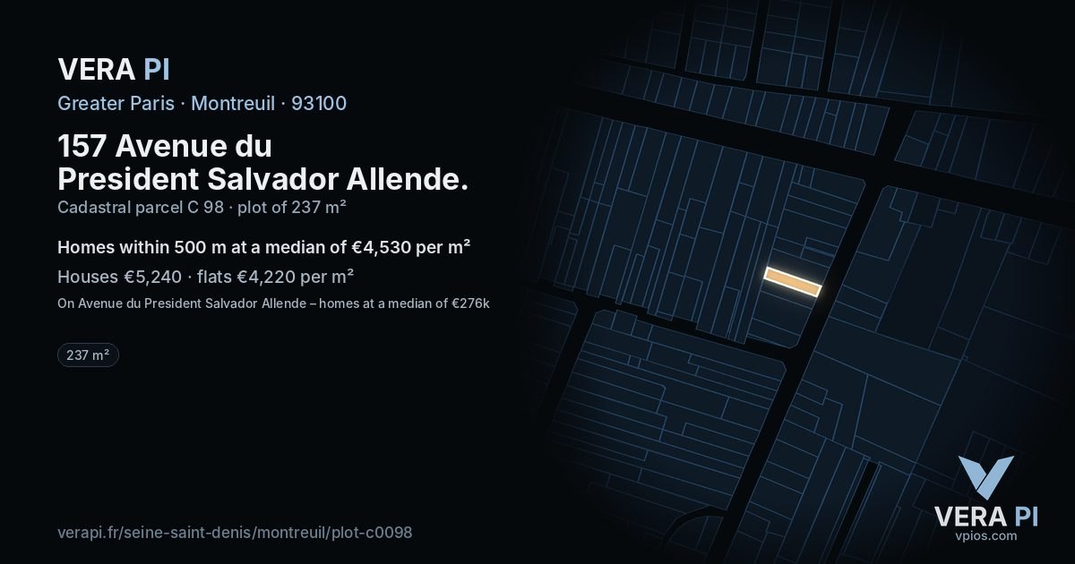 157 Avenue du President Salvador Allende, Montreuil at night – the plot lit, the parcels around coloured by the prices near them