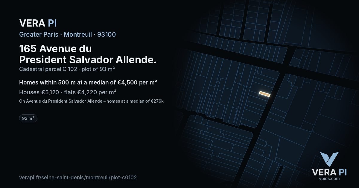 165 Avenue du President Salvador Allende, Montreuil at night – the plot lit, the parcels around coloured by the prices near them