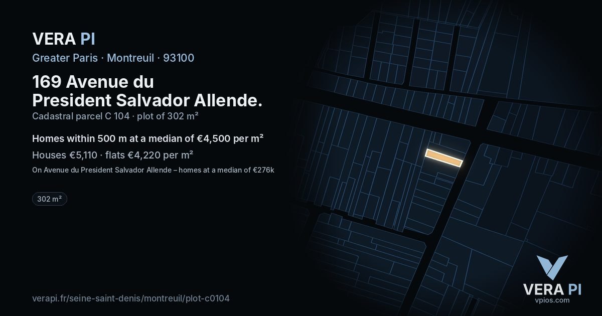 169 Avenue du President Salvador Allende, Montreuil at night – the plot lit, the parcels around coloured by the prices near them
