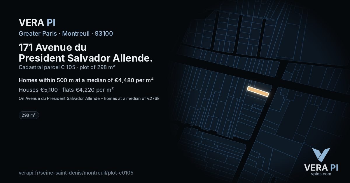171 Avenue du President Salvador Allende, Montreuil at night – the plot lit, the parcels around coloured by the prices near them