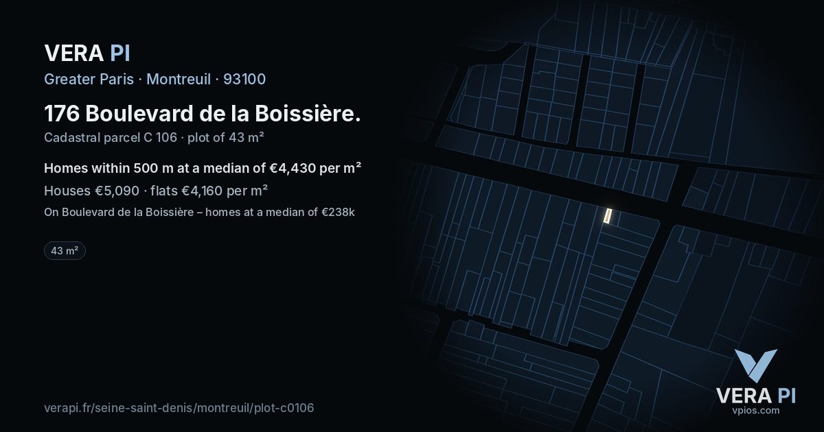 176 Boulevard de la Boissière, Montreuil at night – the plot lit, the parcels around coloured by the prices near them