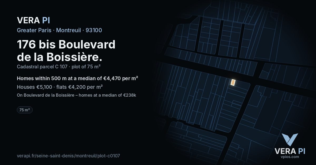 176 bis Boulevard de la Boissière, Montreuil at night – the plot lit, the parcels around coloured by the prices near them