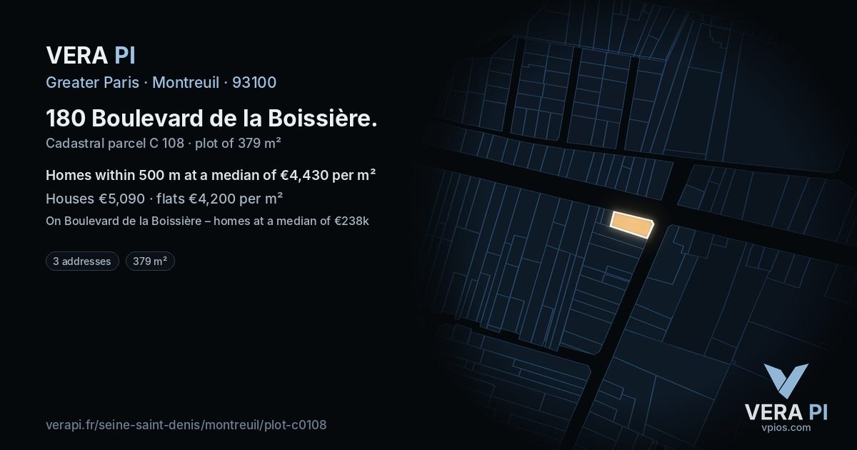180 Boulevard de la Boissière, Montreuil at night – the plot lit, the parcels around coloured by the prices near them
