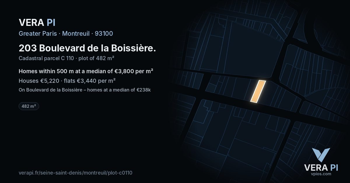 203 Boulevard de la Boissière, Montreuil at night – the plot lit, the parcels around coloured by the prices near them