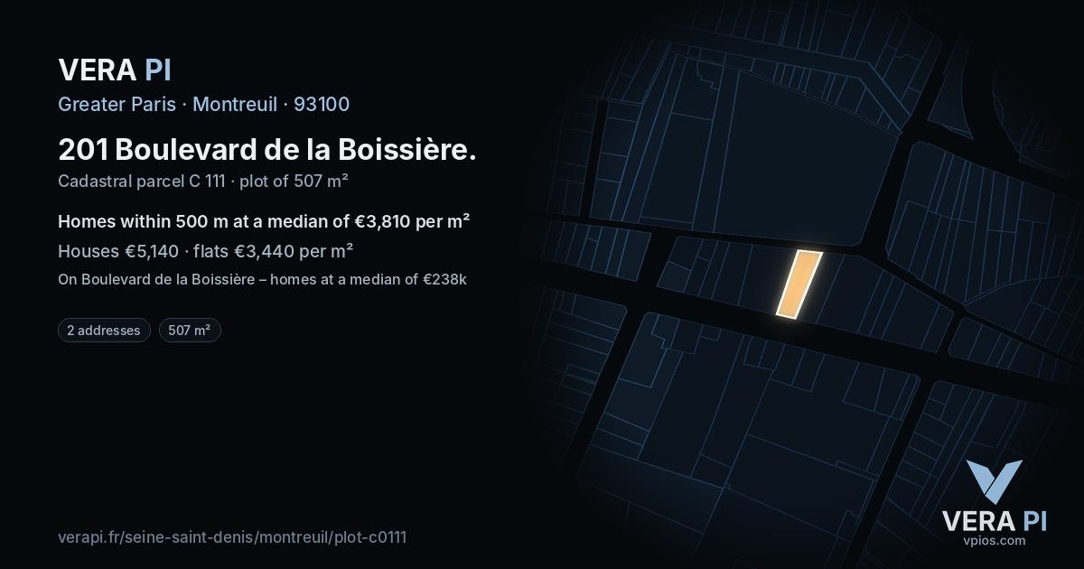 201 Boulevard de la Boissière, Montreuil at night – the plot lit, the parcels around coloured by the prices near them