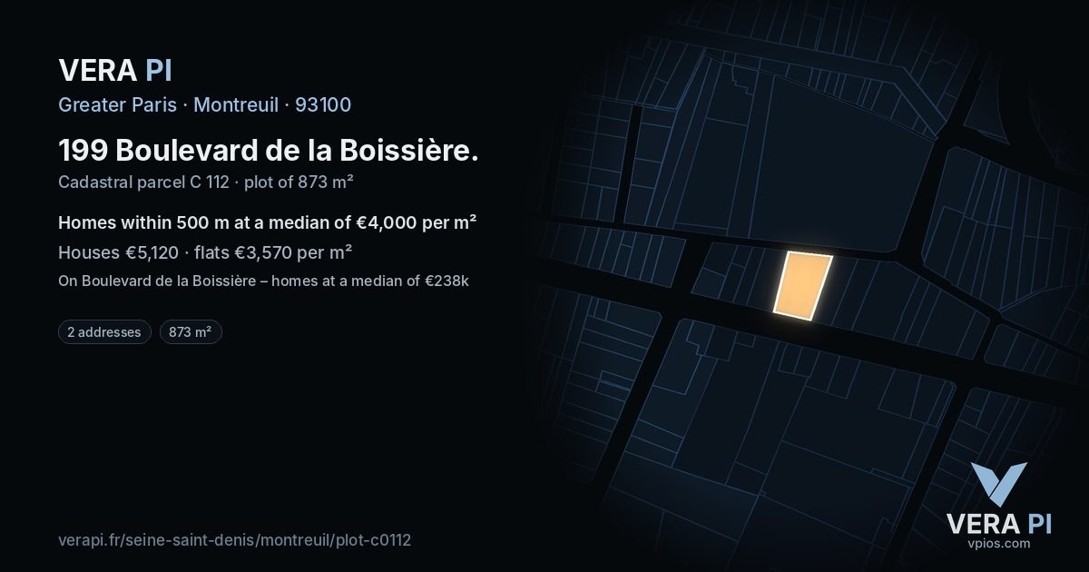 199 Boulevard de la Boissière, Montreuil at night – the plot lit, the parcels around coloured by the prices near them