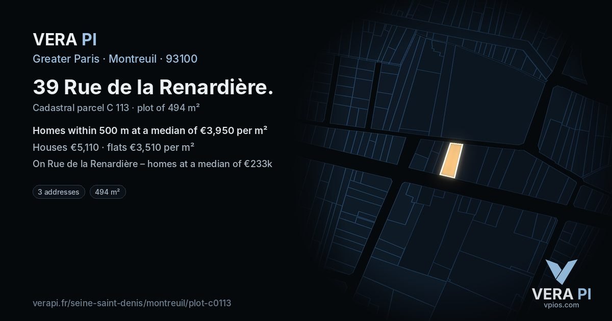39 Rue de la Renardière, Montreuil at night – the plot lit, the parcels around coloured by the prices near them