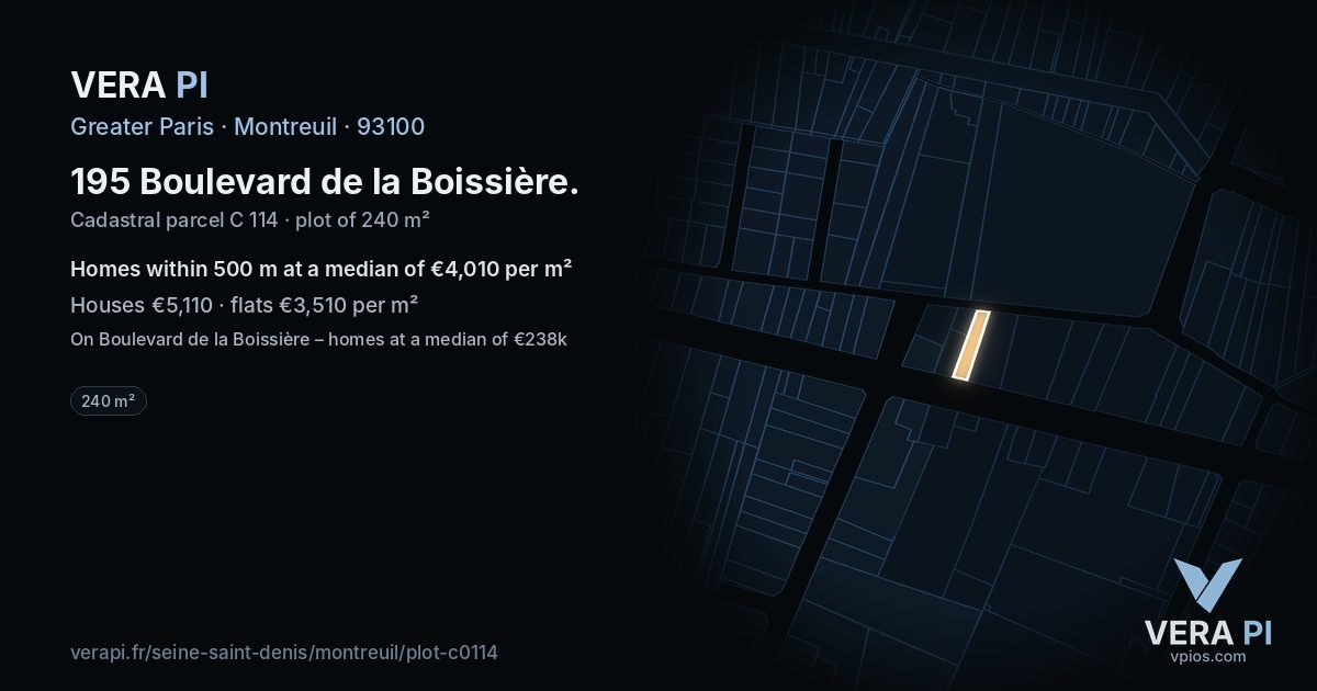 195 Boulevard de la Boissière, Montreuil at night – the plot lit, the parcels around coloured by the prices near them