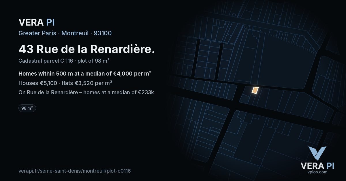 43 Rue de la Renardière, Montreuil at night – the plot lit, the parcels around coloured by the prices near them