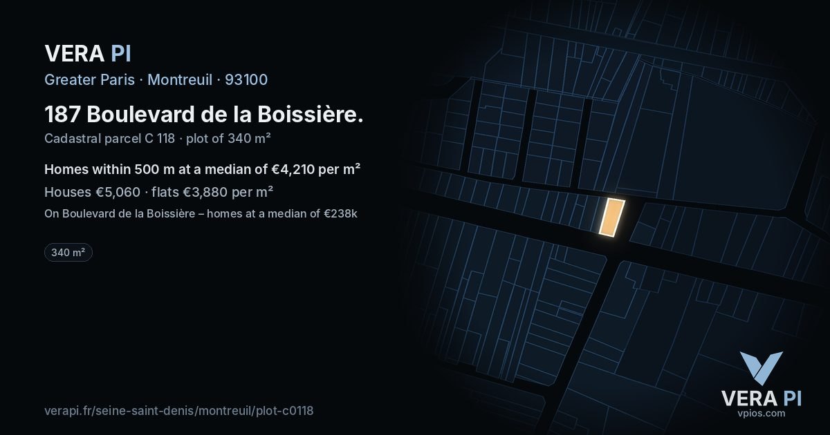 187 Boulevard de la Boissière, Montreuil at night – the plot lit, the parcels around coloured by the prices near them