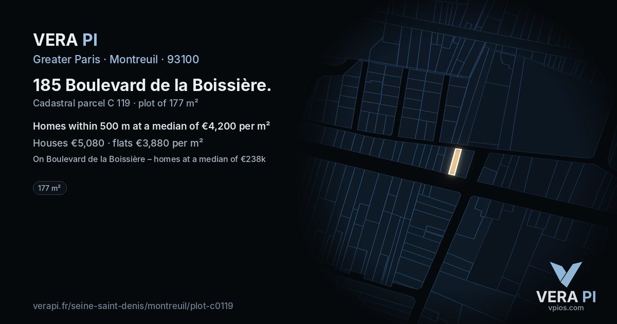 185 Boulevard de la Boissière, Montreuil at night – the plot lit, the parcels around coloured by the prices near them
