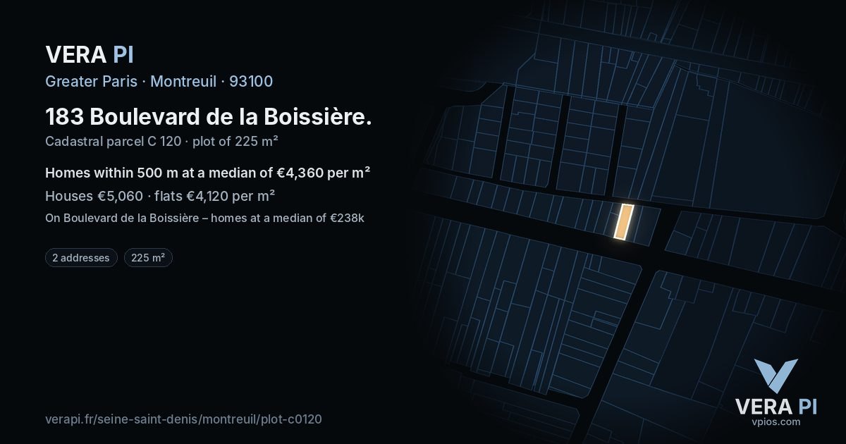183 Boulevard de la Boissière, Montreuil at night – the plot lit, the parcels around coloured by the prices near them