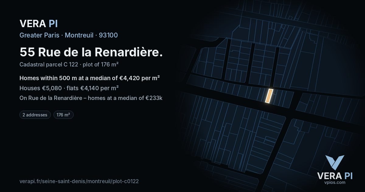 55 Rue de la Renardière, Montreuil at night – the plot lit, the parcels around coloured by the prices near them