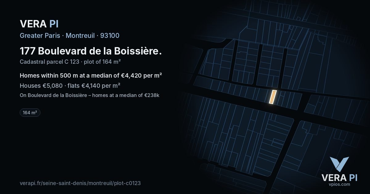 177 Boulevard de la Boissière, Montreuil at night – the plot lit, the parcels around coloured by the prices near them