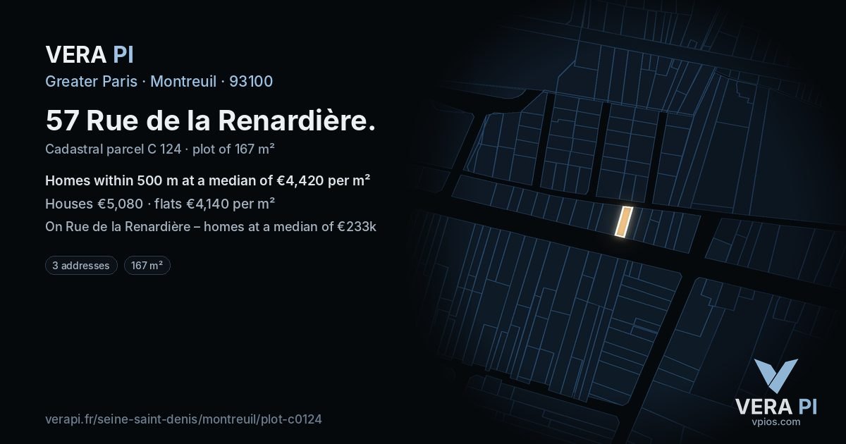 57 Rue de la Renardière, Montreuil at night – the plot lit, the parcels around coloured by the prices near them