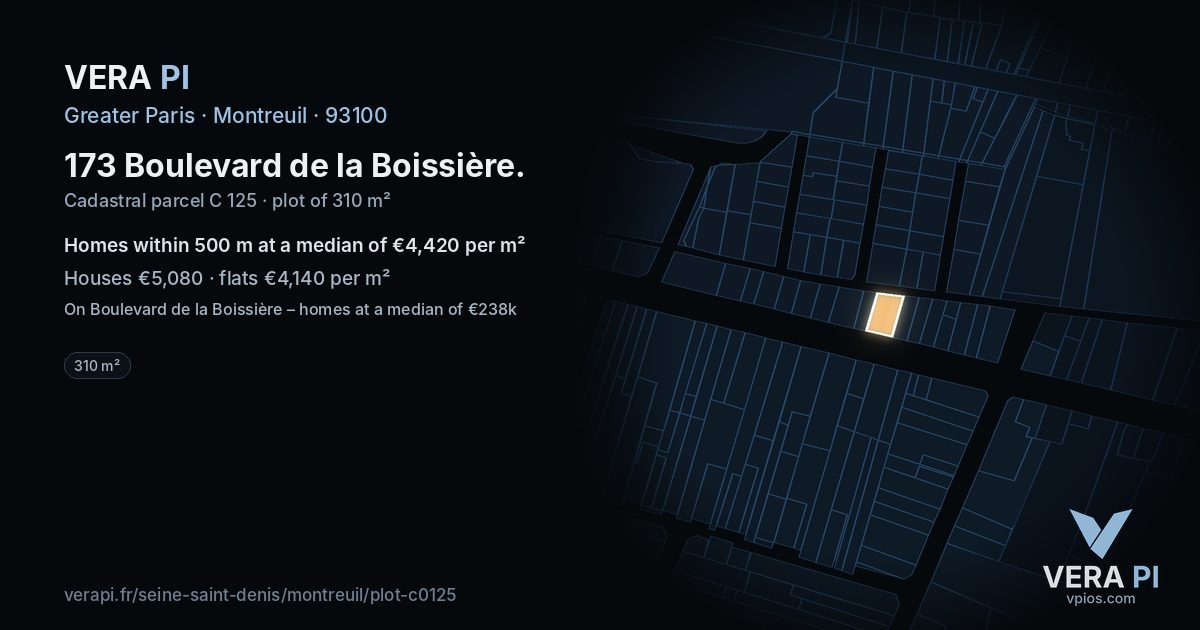 173 Boulevard de la Boissière, Montreuil at night – the plot lit, the parcels around coloured by the prices near them