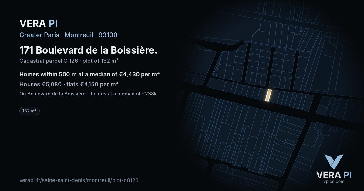 171 Boulevard de la Boissière, Montreuil at night – the plot lit, the parcels around coloured by the prices near them