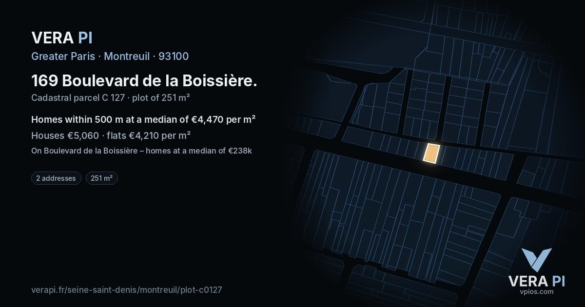 169 Boulevard de la Boissière, Montreuil at night – the plot lit, the parcels around coloured by the prices near them