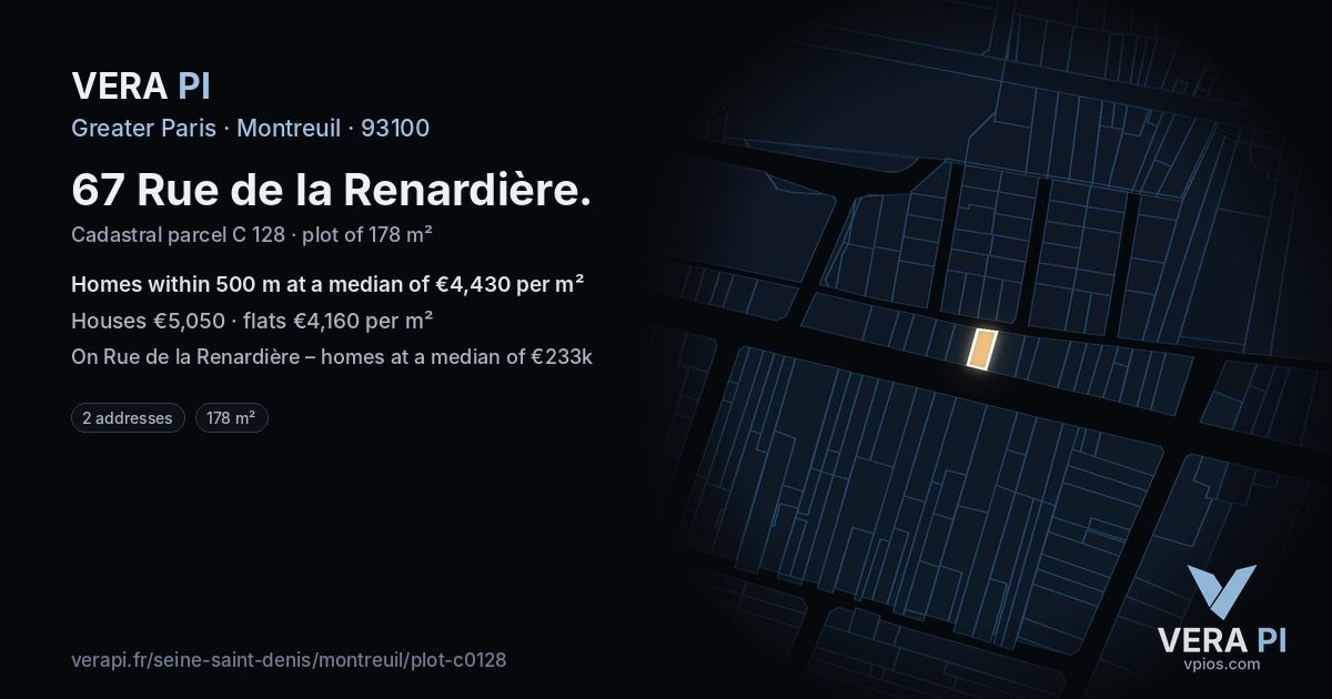 67 Rue de la Renardière, Montreuil at night – the plot lit, the parcels around coloured by the prices near them
