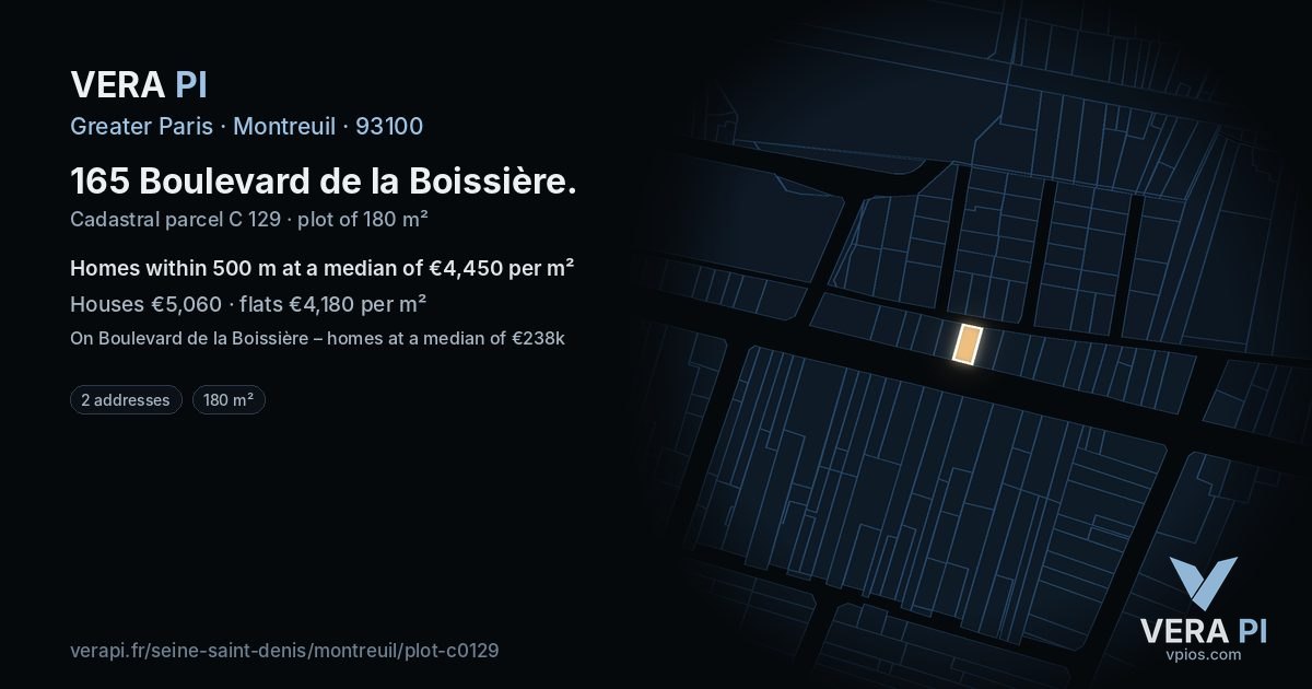 165 Boulevard de la Boissière, Montreuil at night – the plot lit, the parcels around coloured by the prices near them