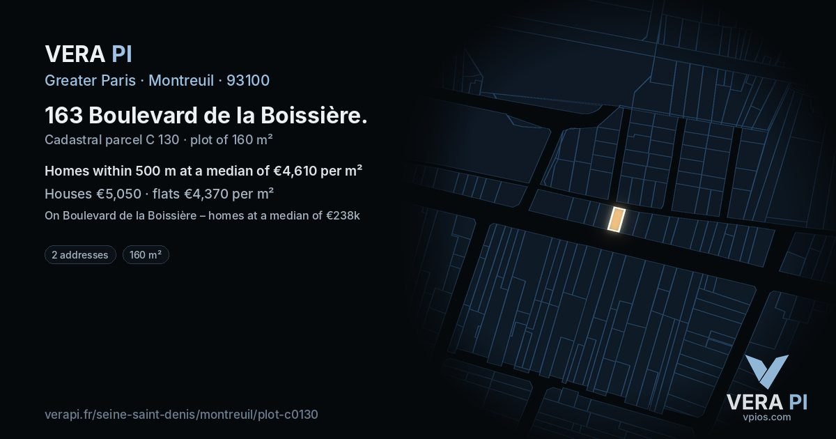 163 Boulevard de la Boissière, Montreuil at night – the plot lit, the parcels around coloured by the prices near them