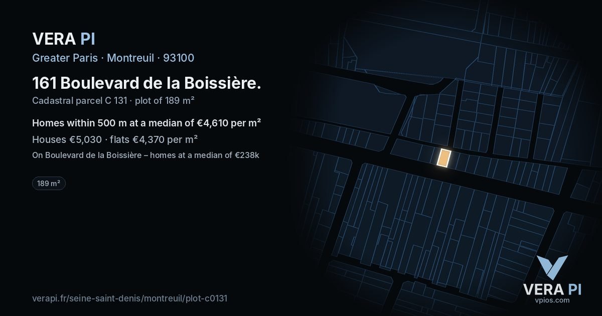 161 Boulevard de la Boissière, Montreuil at night – the plot lit, the parcels around coloured by the prices near them