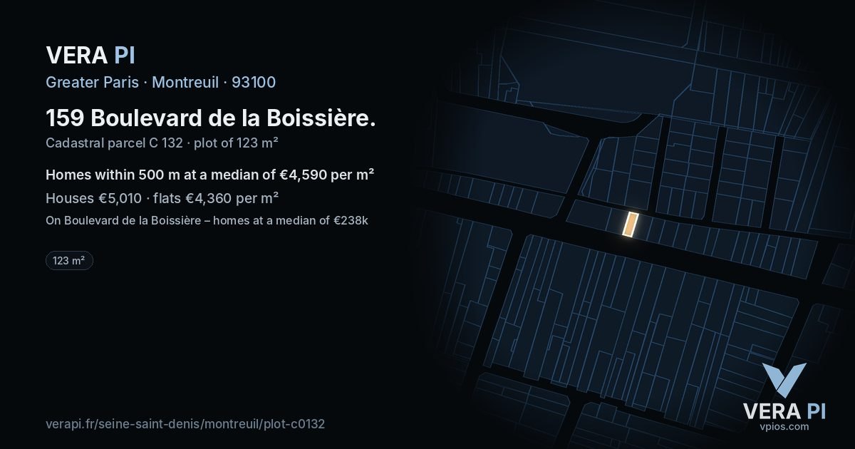 159 Boulevard de la Boissière, Montreuil at night – the plot lit, the parcels around coloured by the prices near them