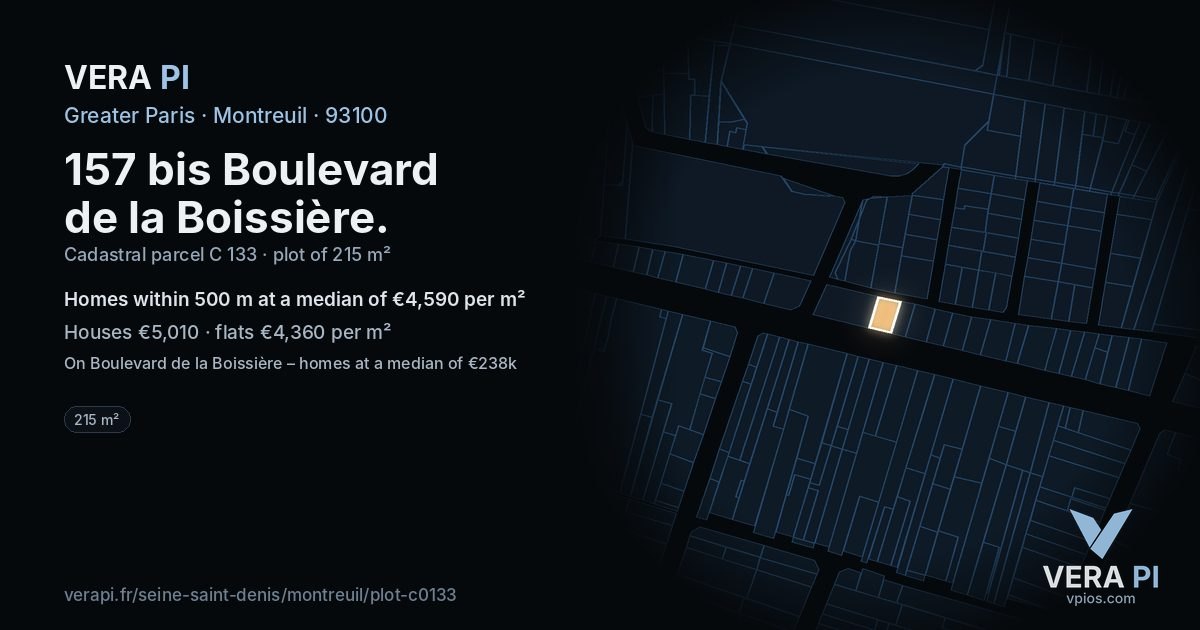 157 bis Boulevard de la Boissière, Montreuil at night – the plot lit, the parcels around coloured by the prices near them
