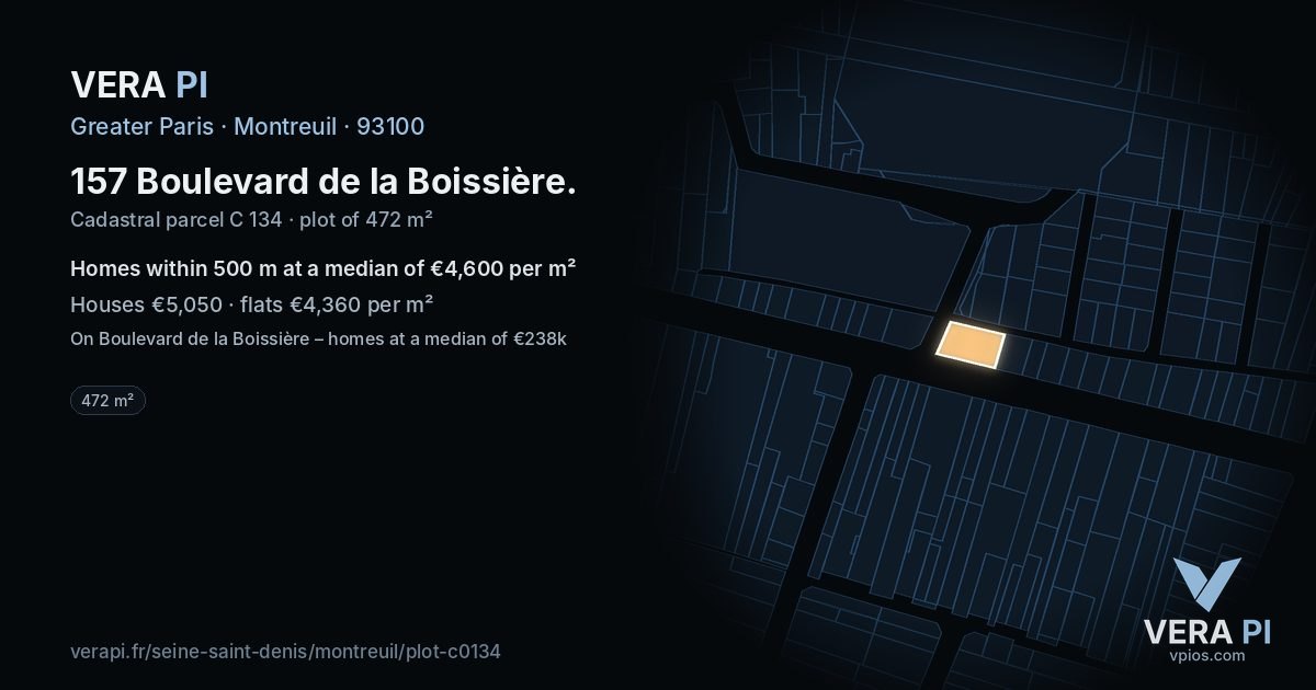 157 Boulevard de la Boissière, Montreuil at night – the plot lit, the parcels around coloured by the prices near them